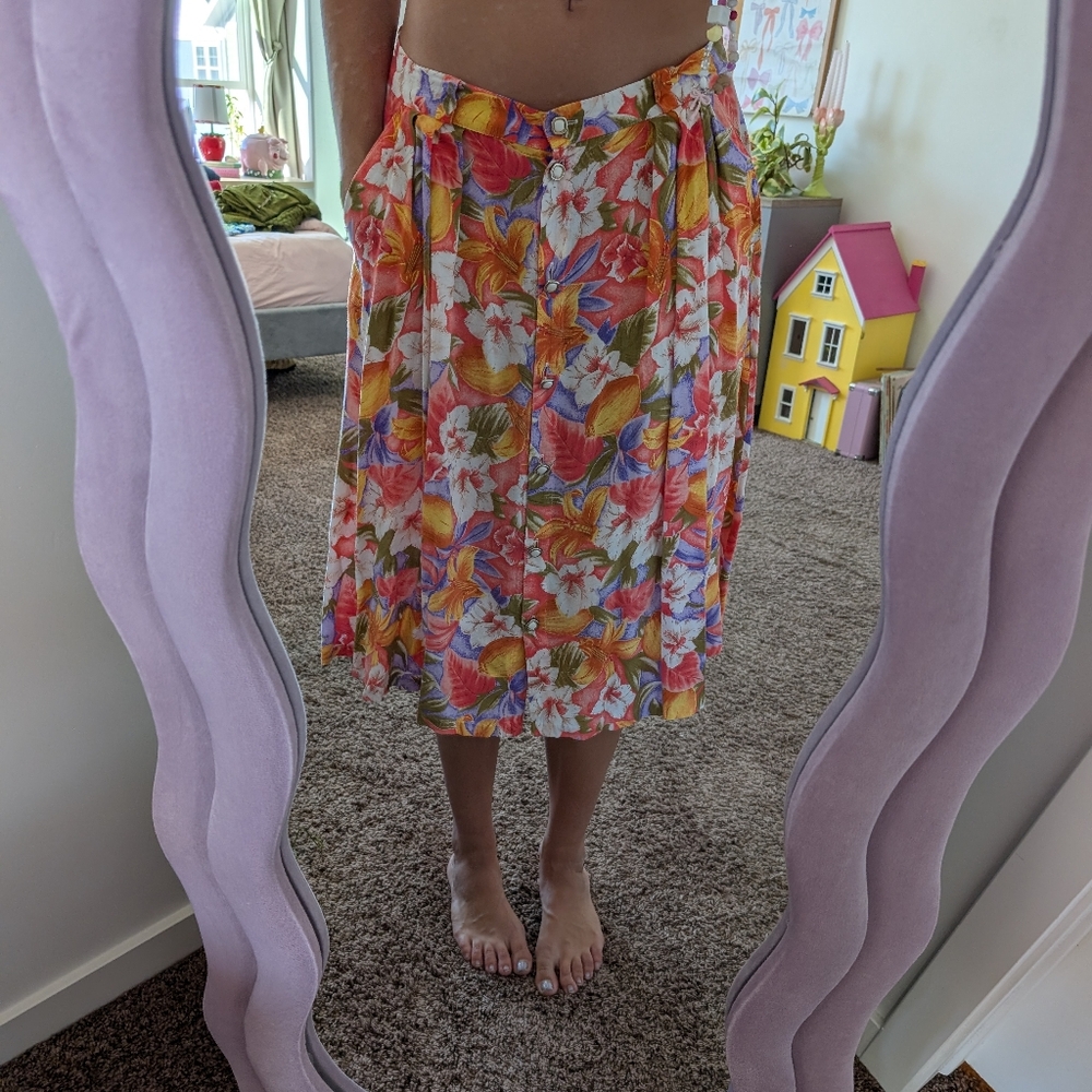 Vintage Floral Midi Button Up Skirt with Tropical Print Size 12